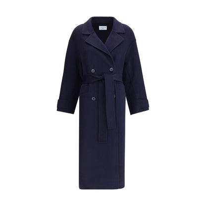 Dynamis Studio Blue Wool Coat, double-breasted, long, with belt, enhances silhouette, front button closure, ideal for any occasion