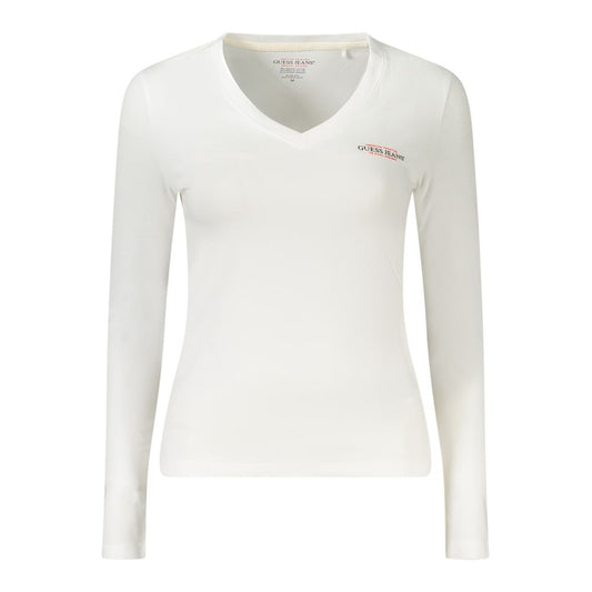 Guess Jeans White Cotton Women T-Shirt with long sleeves and V-neck, featuring signature logo print, perfect for chic and comfortable wear.
