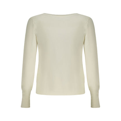 Back view of Guess Jeans White Viscose Women Sweater with long sleeves and elegant design.