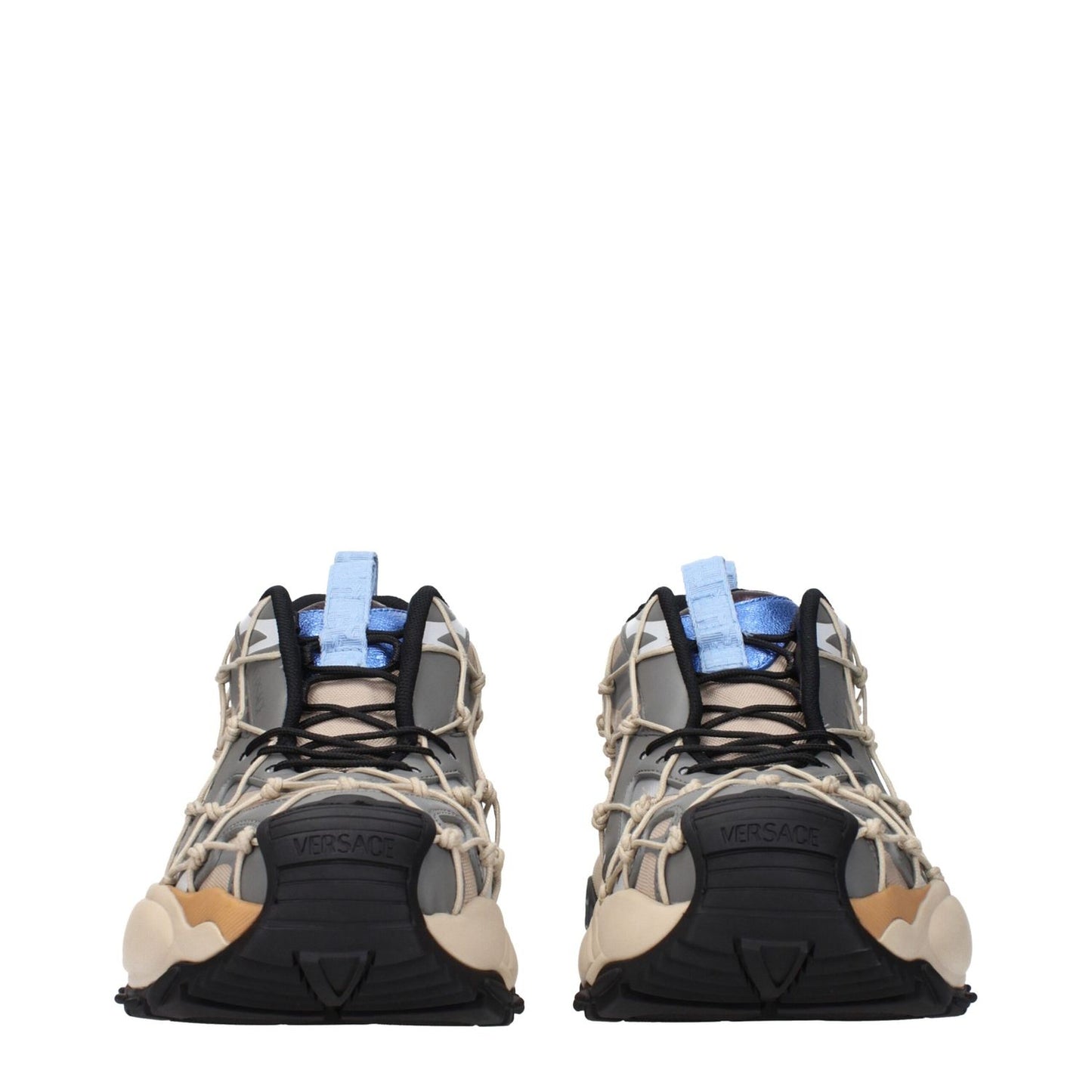 Versace Beige Fabric Sneakers with side and back logos, featuring a unique design. MPN 10163071A126826K640, code F84166 in beige fabric.