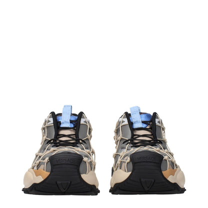 Versace Beige Fabric Sneakers with side and back logos, featuring a unique design. MPN 10163071A126826K640, code F84166 in beige fabric.