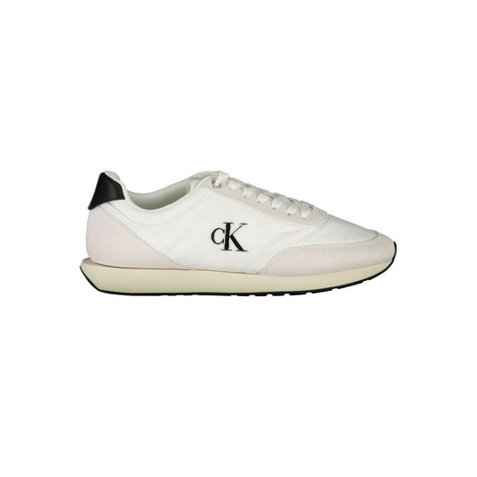 Calvin Klein White Polyester Men Sneaker with black accents and logo embroidery, crafted for style and sustainability with recycled materials.