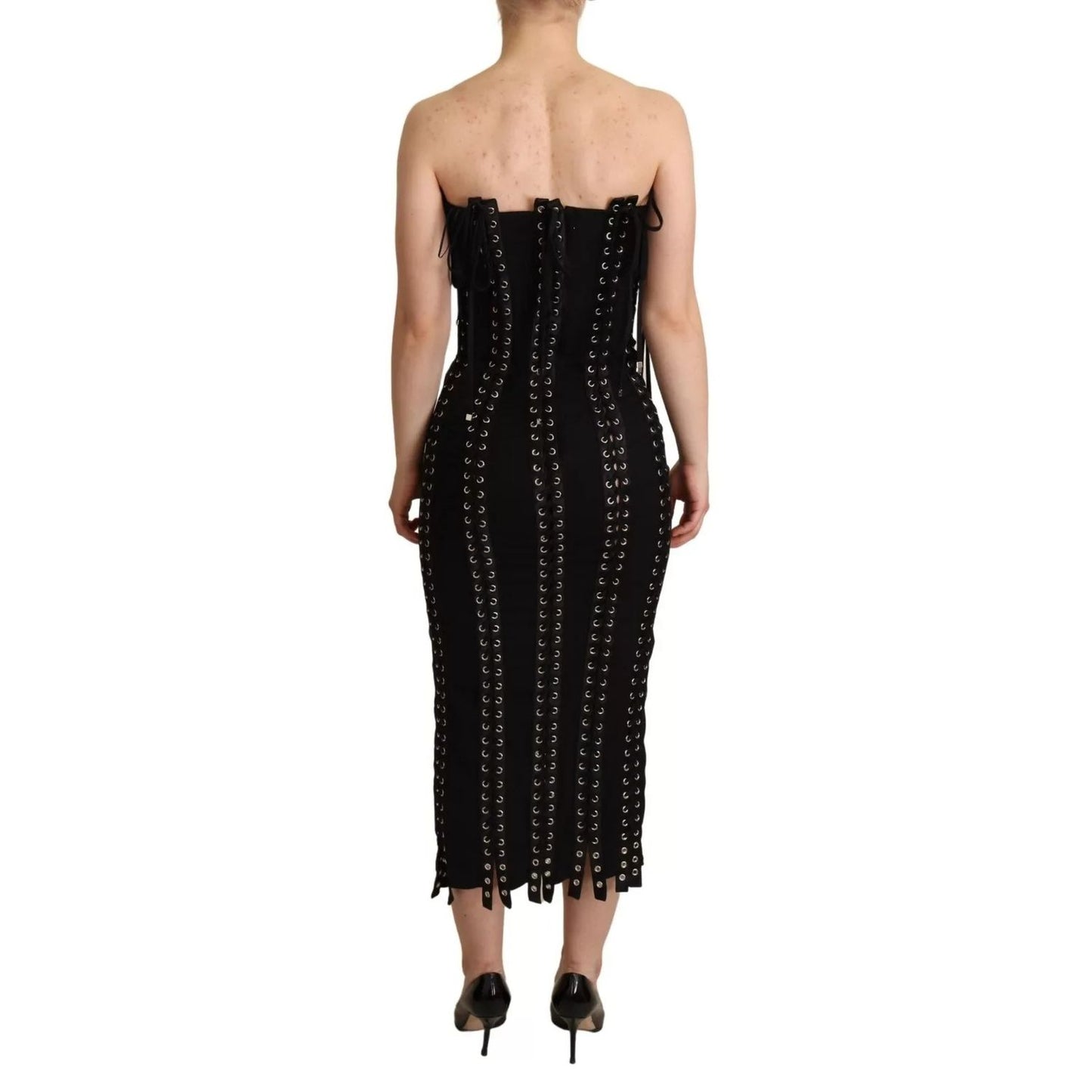 Dolce & Gabbana Black Cady Sleeveless Lace Up Bodycon Dress