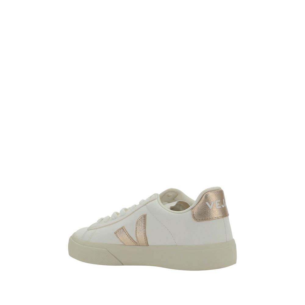 Veja White Calf Leather Bos Taurus Low Top Sneakers with contrasting panels and logo applique, side view on white background.