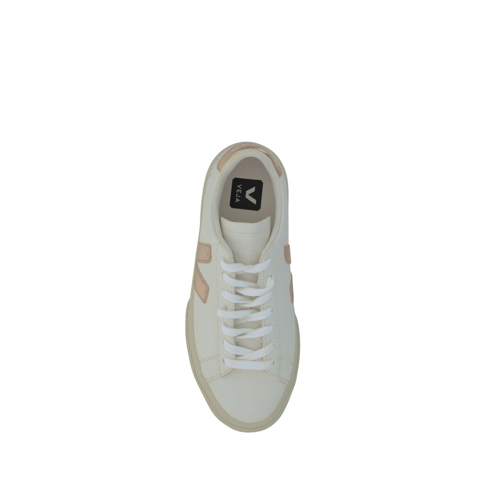 Top view of Veja White Calf Leather Bos Taurus Low Top Sneakers with lace-up design and contrasting logo details.