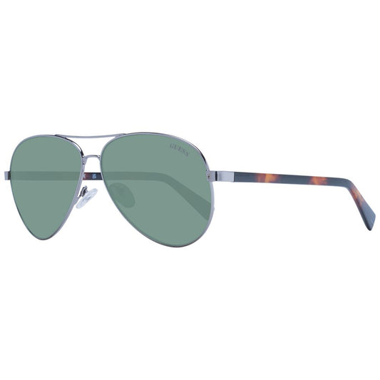 Guess Silver Unisex Sunglass with silver full-rim metal frame and grey plastic lenses, aviator style, 100% UVA & UVB protection.