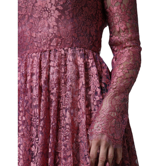 Close-up of Dolce & Gabbana Pink Floral Lace Long Sleeve Midi Dress showcasing intricate lace details.