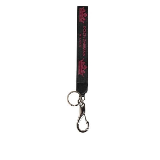 Dolce & Gabbana Black Burgundy Nylon DG Logo Crown Holder Keychain Keyring with silver-tone hardware