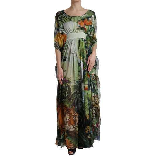 Dolce & Gabbana Multicolor Silk Jungle Print Women Maxi Dress featuring tropical design with tigers and exotic birds, 100% authentic.