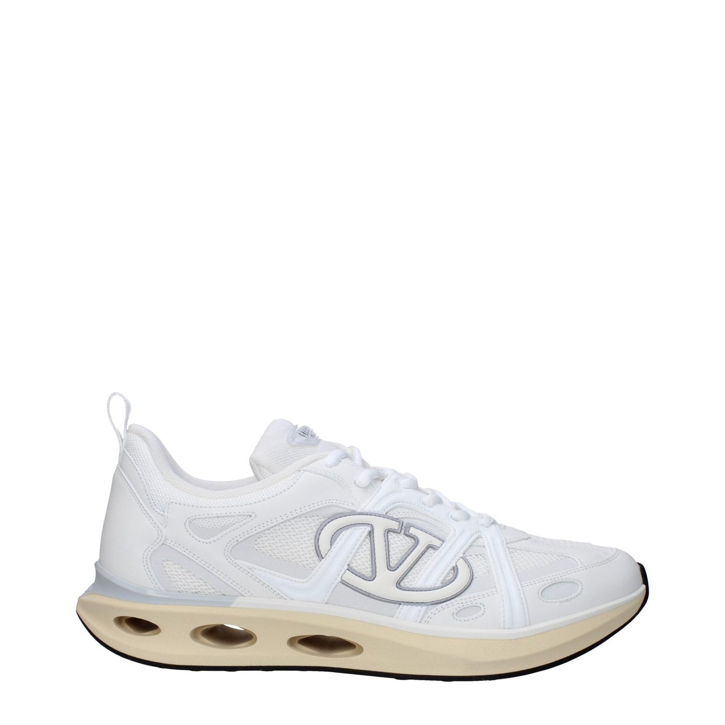 Valentino Garavani White Fabric Athletic Sneakers with logo details, lace-up closure, rubber sole, and round toe in side view.