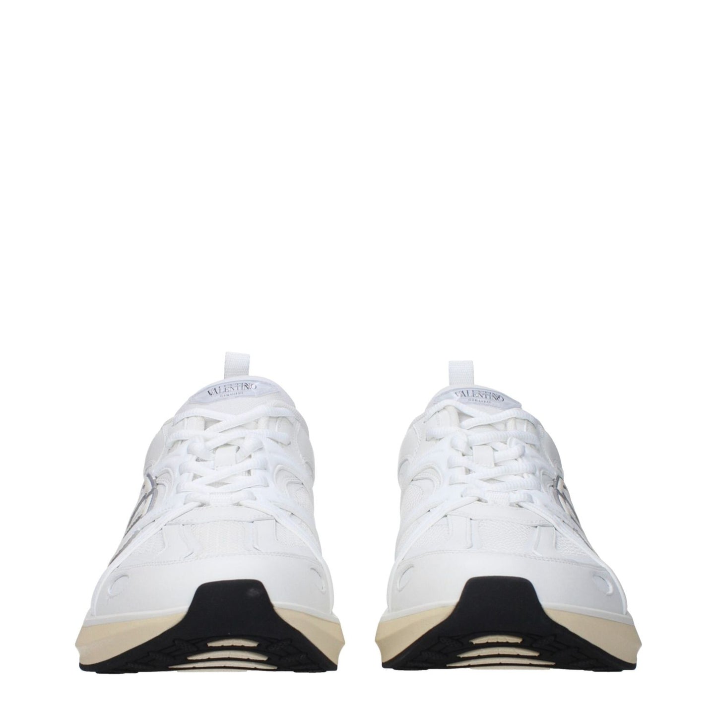 Front view of Valentino Garavani White Fabric Athletic Sneakers with logo details and lace-up closure on black rubber sole.