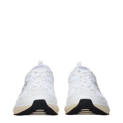 Front view of Valentino Garavani White Fabric Athletic Sneakers with logo details and lace-up closure on black rubber sole.