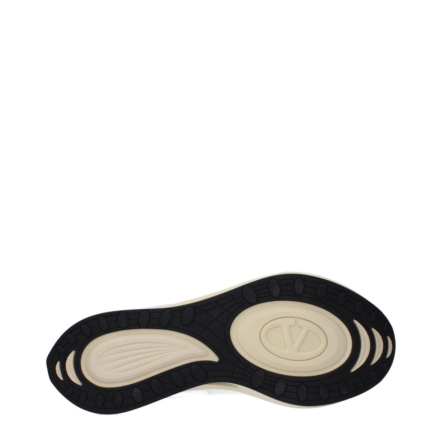 Sole view of Valentino Garavani White Fabric Athletic Sneakers with signature logo on rubber sole.