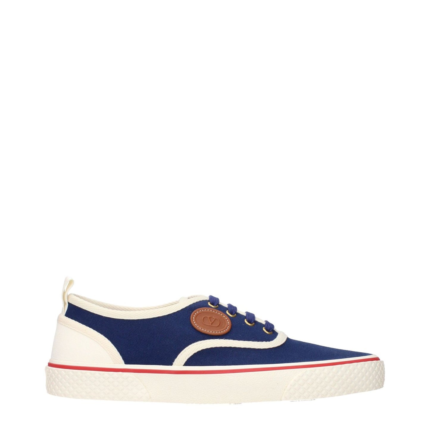 Valentino Garavani Blue Fabric Low Top Sneakers with side and back logo on white background.