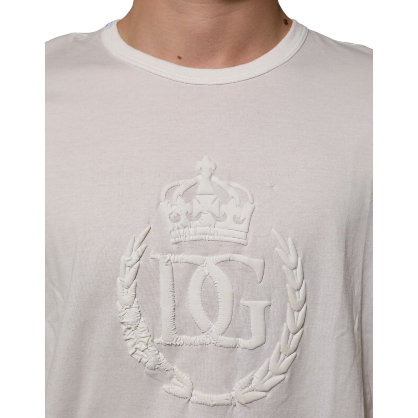 Dolce & Gabbana White Cotton DG Crown Embossed Men T-shirt
