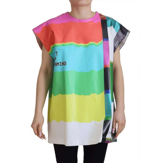 Dolce & Gabbana Multicolor Print Blouse Cotton Tank TV Print T-shirt with vibrant stripes worn by a model, logo detail visible.