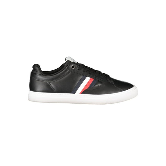 Tommy Hilfiger Black Leather Men Sneaker with contrasting stripe detail.