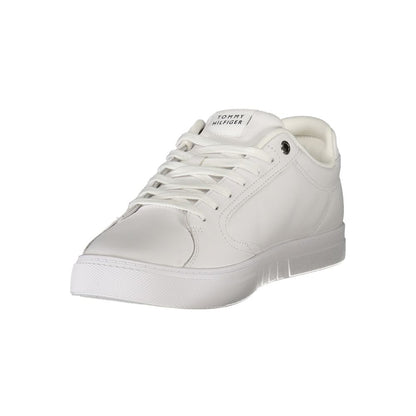 Tommy Hilfiger White Leather Men Sneaker with logo, sleek design, and customizable comfort. Perfect for fashion-forward individuals.