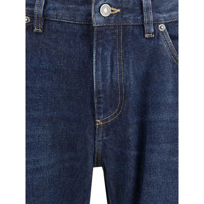 Dolce & Gabbana Blue Cotton Straight-Leg Jeans with classic 5-pocket design and logo plaque, showcasing timeless style, front view