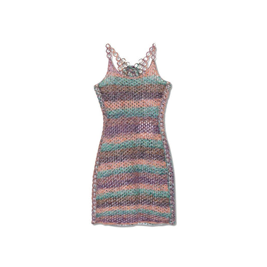 Chloé Crochet Mini Dress, sleeveless with semi-sheer finish, round neck, decorative gold-tone accents, made of 100% wool.