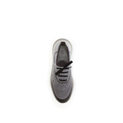 Brunello Cucinelli Gray Cotton Athletic Sneakers with lace-up closure and breathable techno cotton knit, offering comfort and style.