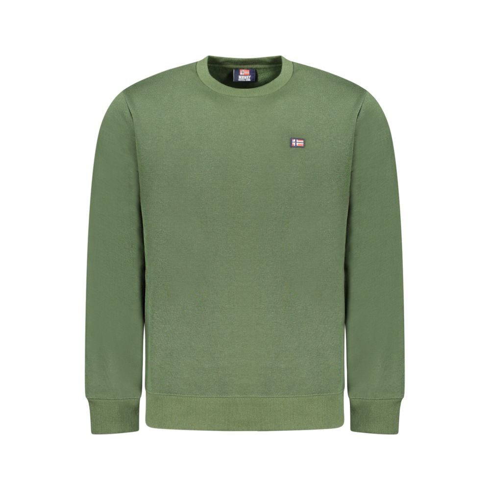 Norway 1963 Green Cotton Men Sweater long-sleeved crew neck with applique, perfect for modern urban fashion and cozy getaways.