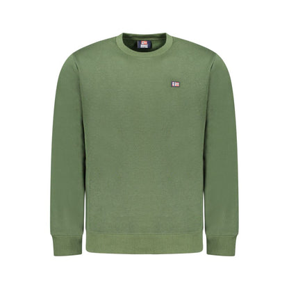 Norway 1963 Green Cotton Men Sweater long-sleeved crew neck with applique, perfect for modern urban fashion and cozy getaways.