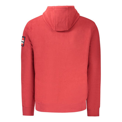 Back view of Norway 1963 Red Polyester Men Sweater with hood and embroidered logo on sleeve, showcasing casual luxury and trendsetting elegance.