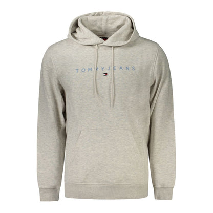Tommy Hilfiger Gray Cotton Men Sweater with hoodie and logo embroidery on the front, eco-conscious fabric blend.