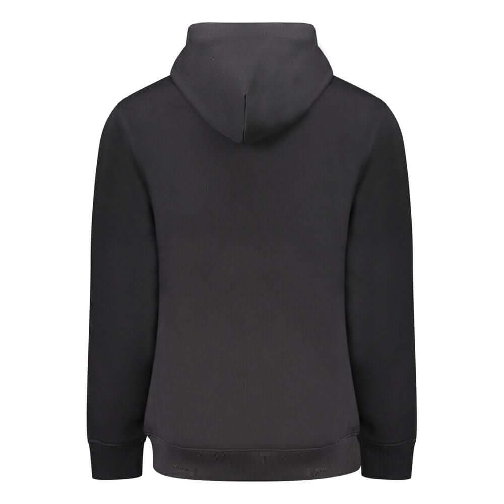 Back view of Tommy Hilfiger Black Cotton Men Sweater with hood and cuffs, made from regenerative cotton for comfort and style.