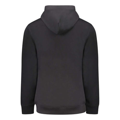 Back view of Tommy Hilfiger Black Cotton Men Sweater with hood and cuffs, made from regenerative cotton for comfort and style.