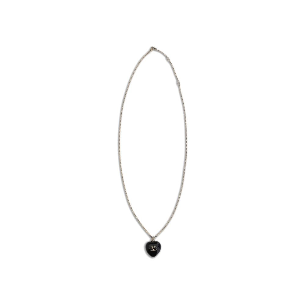 Valentino Garavani Black Brass Necklace with gold-tone finish, VLogo detail, adjustable length, and swivel lobster clasp.