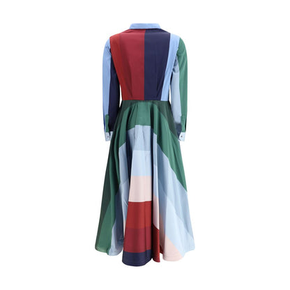 Back view of Sara Roka Multicolor Polyester Casual Dress with bold geometric patterns and tailored silhouette, perfect for versatile wear.