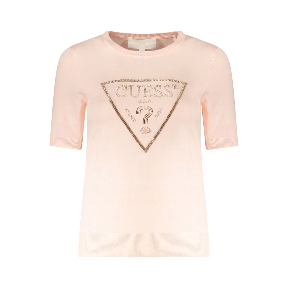 Alt Tag: Guess Jeans Pink Viscose Sweater, short sleeved crew neck with rhinestone logo and contrasting details