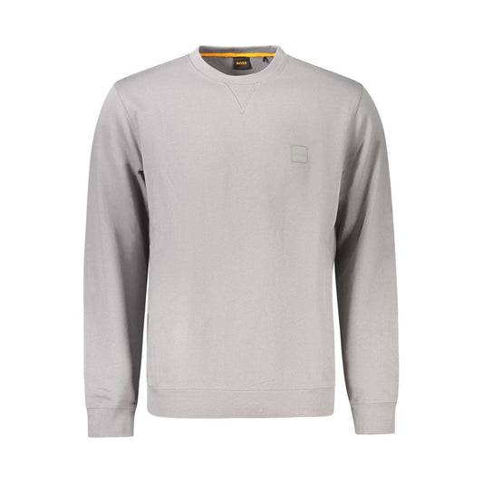 Hugo Boss Gray Cotton Men Sweater with crew neck and stylish embroidery, offering supreme comfort and sleek sophistication.