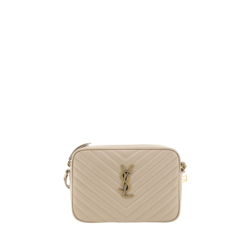 Alt Tag: Saint Laurent Beige Calf Leather Bos Taurus Shoulder Bag with quilted design and iconic logo on front