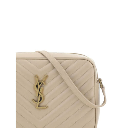 Saint Laurent Beige Calf Leather Bos Taurus Shoulder Bag with quilted design and iconic logo plaque, front view.