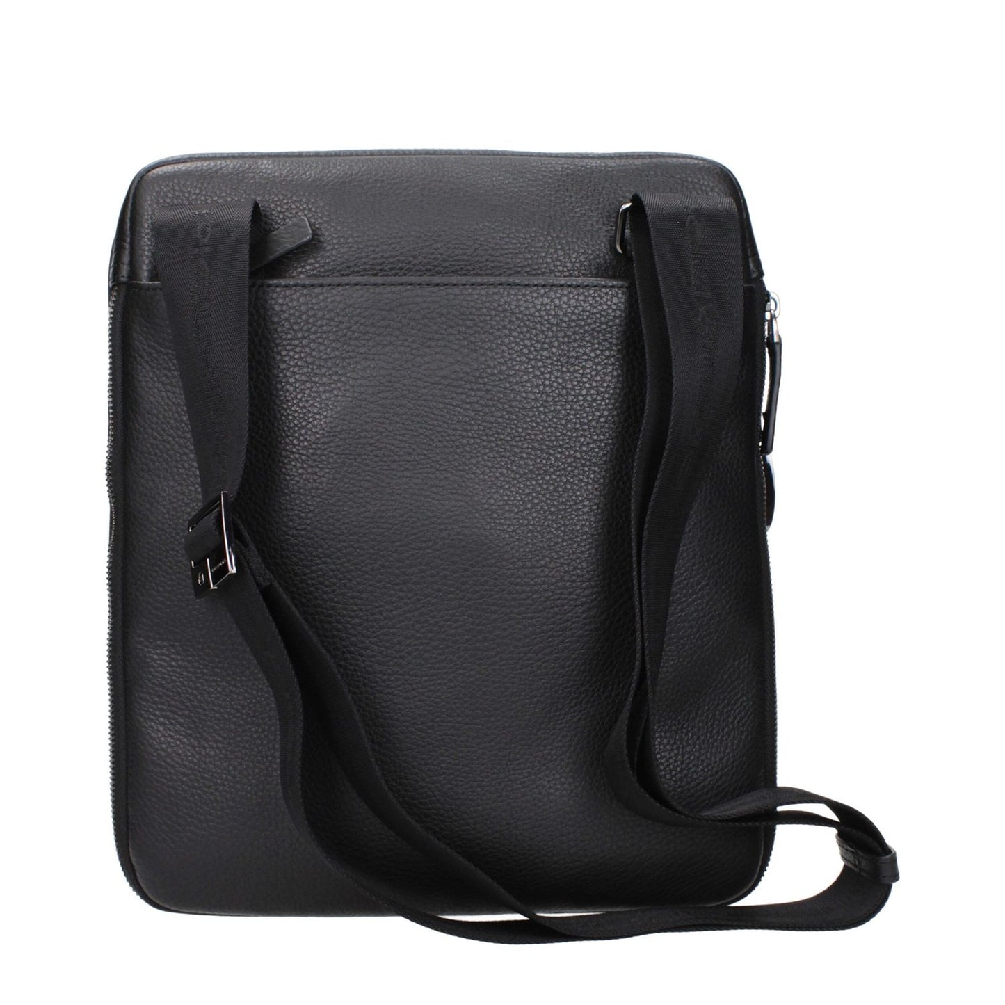 Piquadro Black Leather Crossbody Bag with adjustable and removable shoulder strap, featuring front logo design.