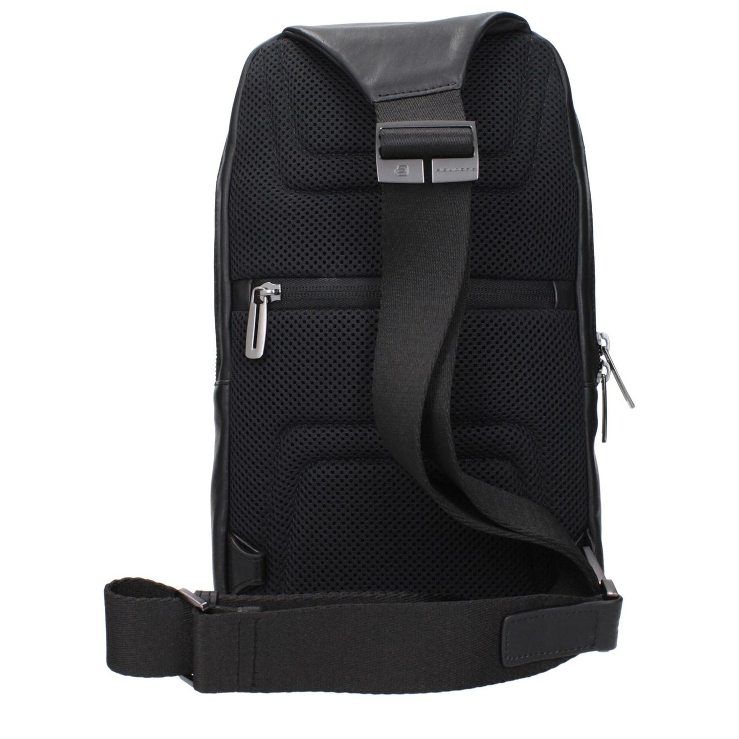 Back view of Piquadro Black Leather Crossbody Bag with adjustable shoulder strap and front logo.