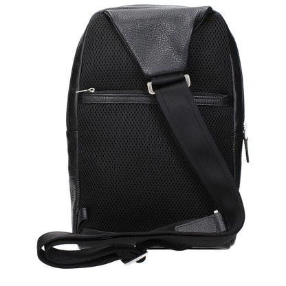 Back view of Piquadro Black Leather Crossbody Bag with adjustable straps and front logo.
