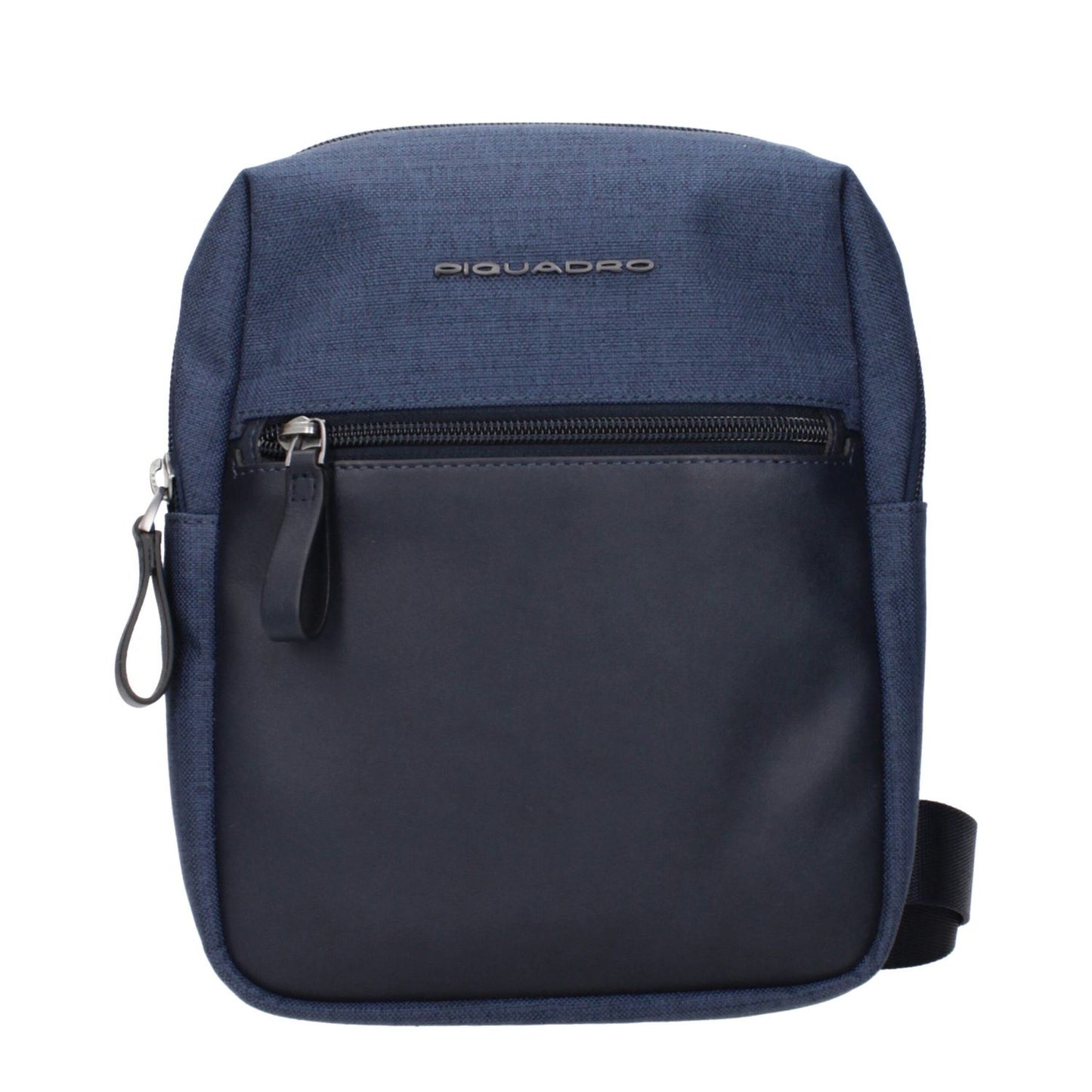 Piquadro Blue Fabric Crossbody Bag with adjustable shoulder strap and front logo, stylish design for modern travel and convenience.