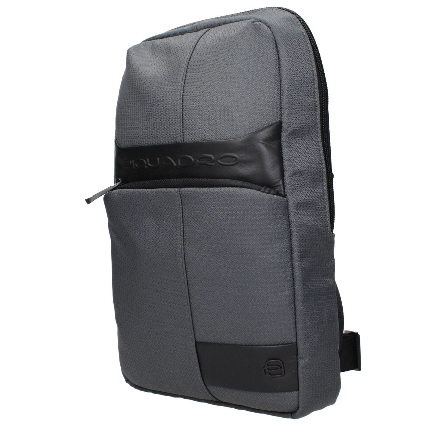 Piquadro Gray Fabric Crossbody Bag with adjustable strap, front logo detail, and zip closure, model CA5751W129GR, code F84384.