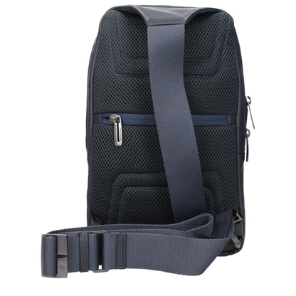 Back view of the Piquadro Blue Leather Crossbody Bag with adjustable shoulder strap and front logo.