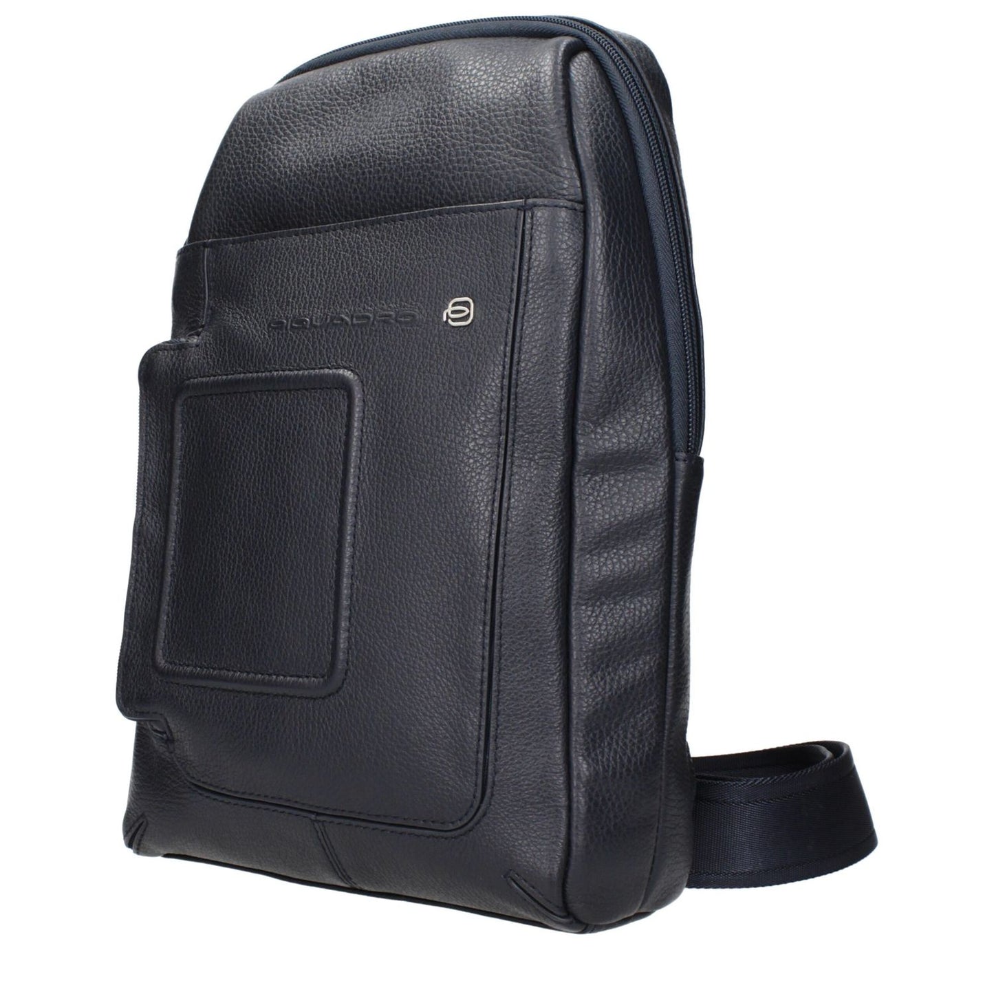 Piquadro Blue Leather Crossbody Bag with front logo and adjustable back straps, MPN CA4832VIBLU, code F84382.