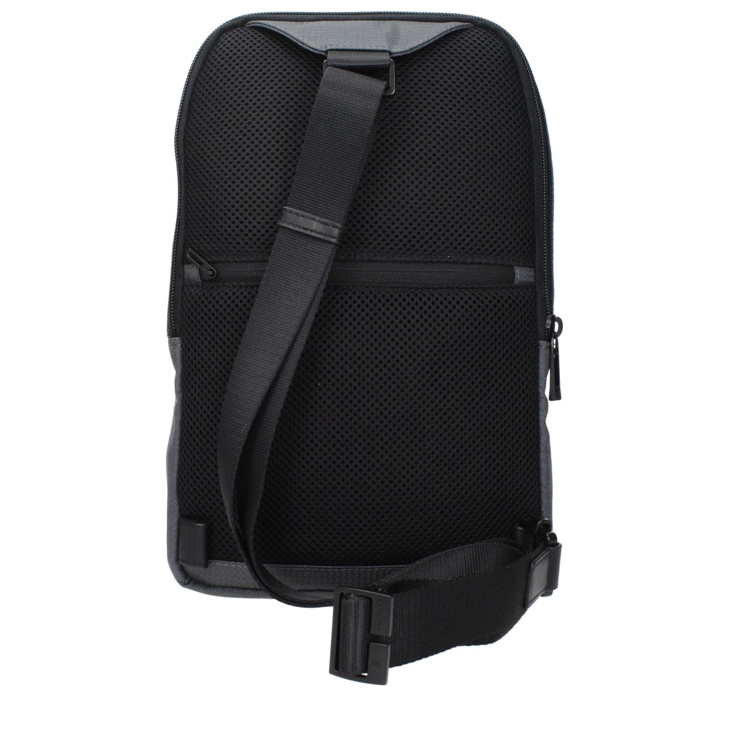 Back view of Piquadro Gray Fabric Crossbody Bag with adjustable shoulder strap and front logo, model CA5751W129GR code F84384.