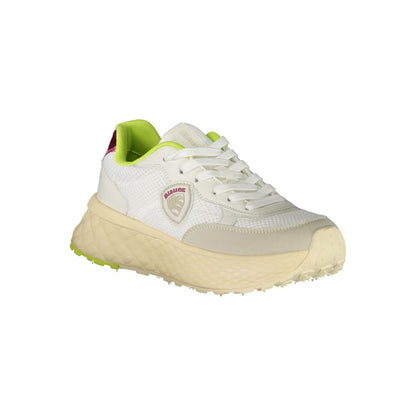 Blauer White Polyester Sneaker with laces, green/fuchsia details, removable insole, and logo application. Sports shoe with contrasting design.
