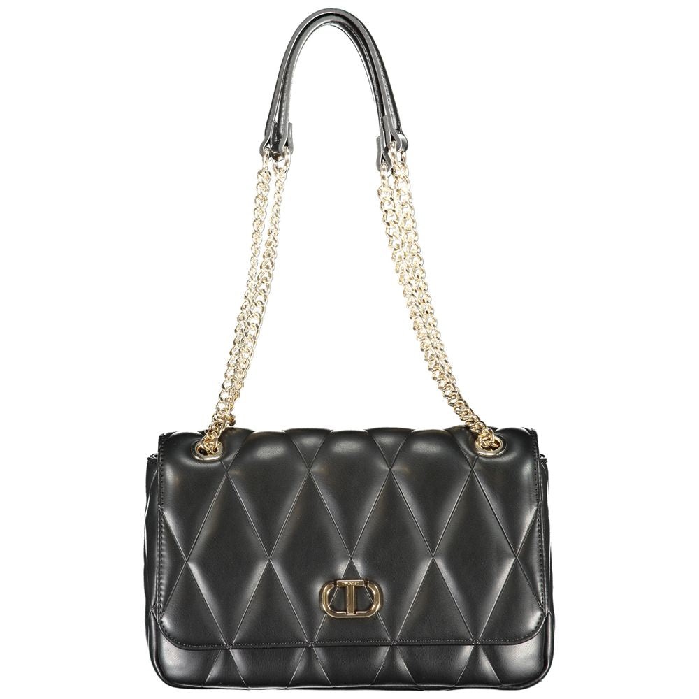 Twinset Black Polyethylene Women Handbag with chain handles and bold snap closure, stylish accessory for modern fashion enthusiasts.