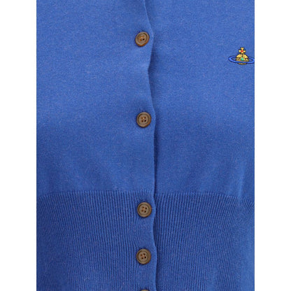 Vivienne Westwood Blue Cotton Cardigan with button closure and Orb logo embroidery on chest, made from 85% cotton and 15% cashmere.
