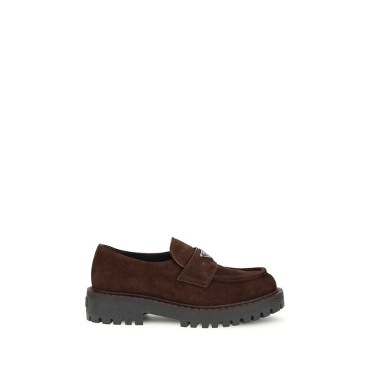 Prada Suede Loafers with enameled metal triangle logo and one-piece rubber sole, brown calf leather, versatile for formal and casual looks.