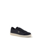 Prada Leather Sneakers featuring flat rubber sole and triangular side plaque, tone-on-tone logo; perfect blend of style and comfort.